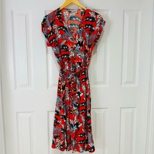 2P LOFT Coral and Navy Leaf Print Dress Career Party EUC